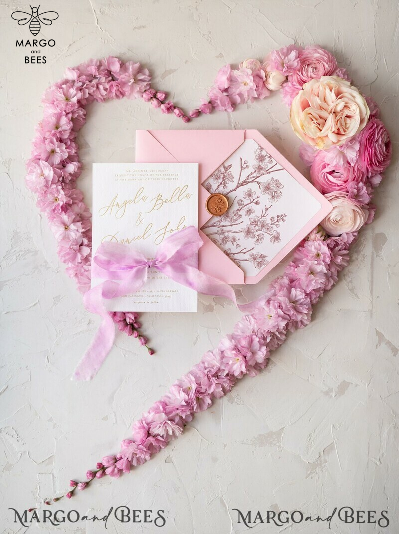 Create a Lasting Impression with Romantic Pink Wedding Invitations and Elegant Cherry Blossom Wedding Invites. Introducing our Bespoke Pink Sakura Wedding Cards - Exquisite Handmade Wedding Stationery.-5