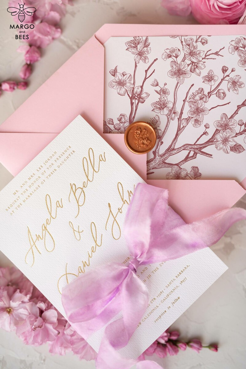 Create a Lasting Impression with Romantic Pink Wedding Invitations and Elegant Cherry Blossom Wedding Invites. Introducing our Bespoke Pink Sakura Wedding Cards - Exquisite Handmade Wedding Stationery.-7