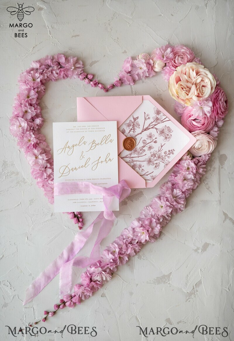Romantic Pink Wedding Invitations: Elegant Cherry Blossom Wedding Invites for Bespoke Pink Sakura Wedding Cards - Handmade Wedding Stationery-8