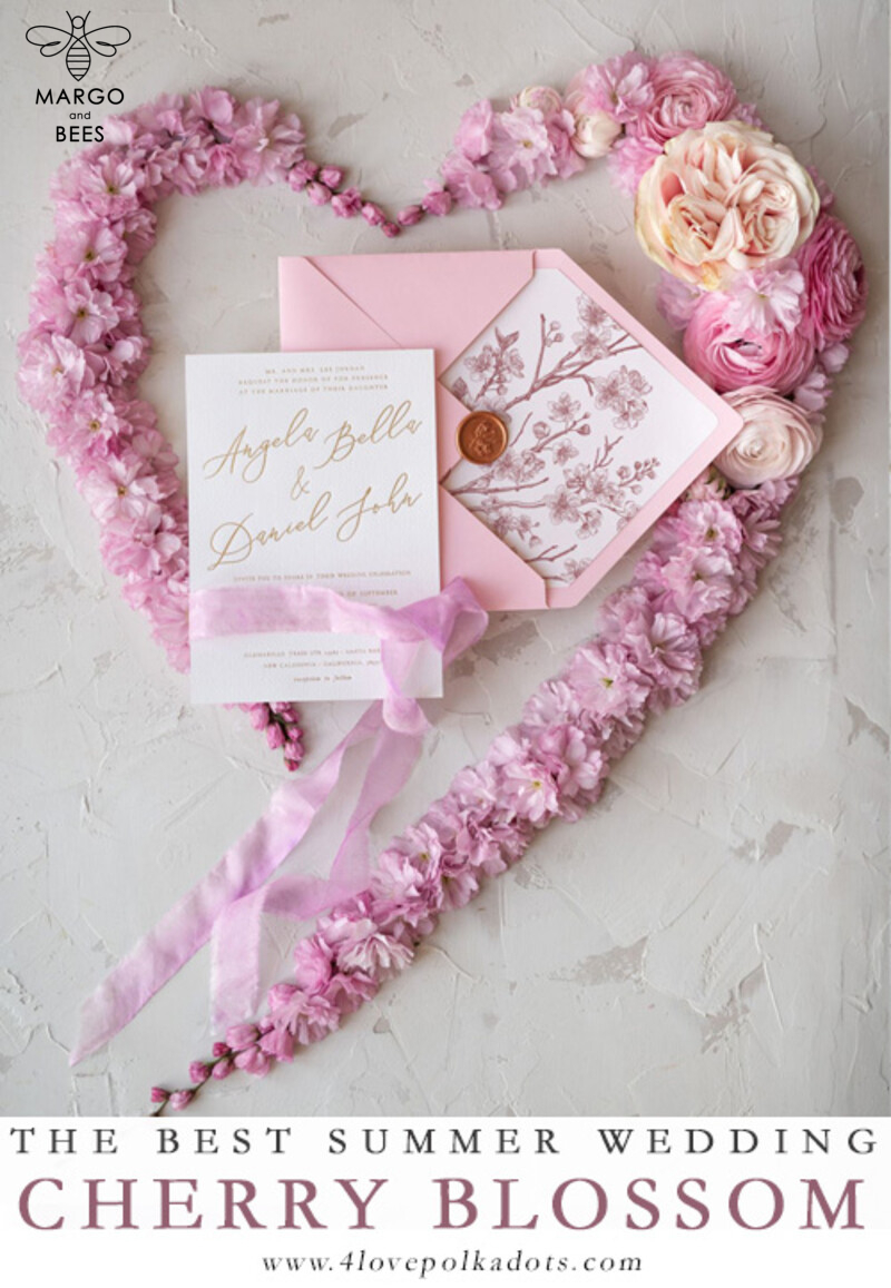 Create a Lasting Impression with Romantic Pink Wedding Invitations and Elegant Cherry Blossom Wedding Invites. Introducing our Bespoke Pink Sakura Wedding Cards - Exquisite Handmade Wedding Stationery.-9