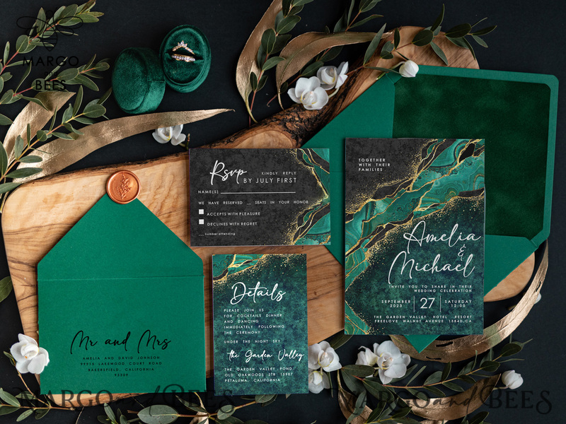 Green Marble Wedding invitations , Elegant Velvet wedding invitation Suite • Bespoke Greenery  Wedding Invitation Suite, green Moody stationary-4