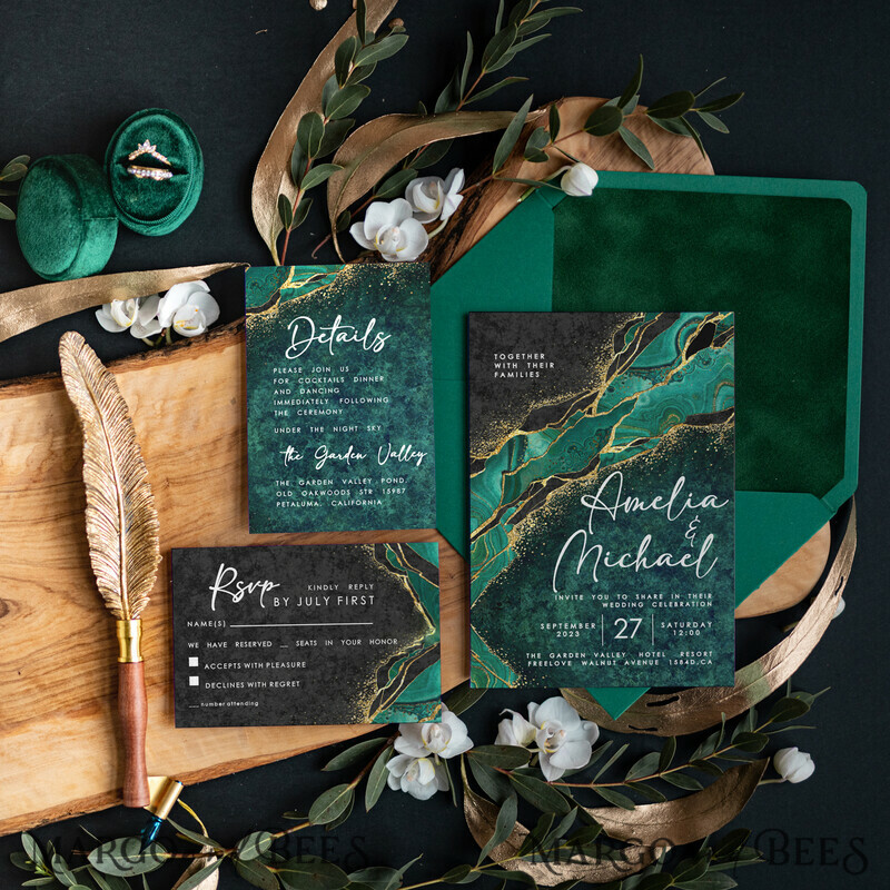 Green Marble Wedding invitations , Elegant Velvet envelope and beautiful invitations-1