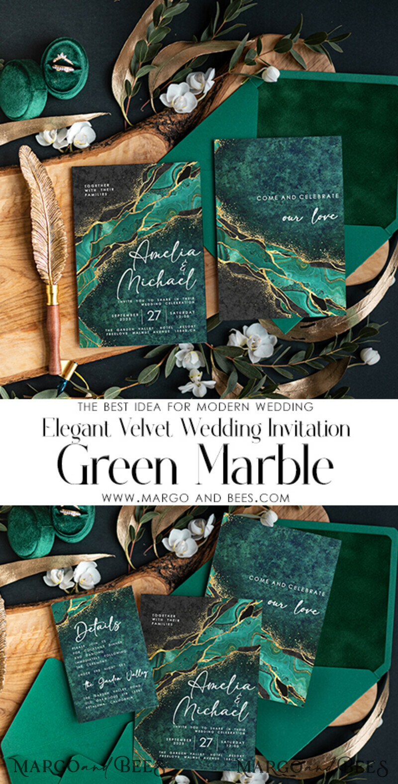 Green Marble Wedding invitations , Elegant Velvet envelope and beautiful invitations-3