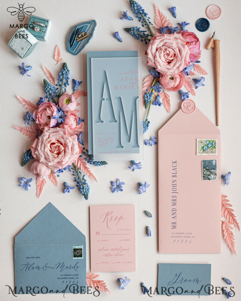 Elegant Acrylic Frozen Wedding Invitations: Discover our Romantic Laser Cut Invitation Set in Dusty Blue Velvet-1