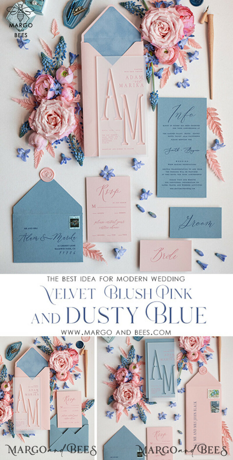 Elegant Acrylic Frozen Wedding Invitations: Discover our Romantic Laser Cut Invitation Set in Dusty Blue Velvet-3