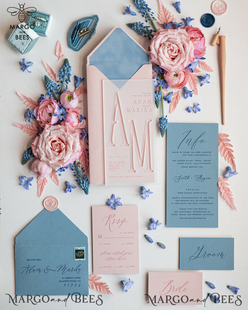 Elegant Acrylic Frozen Wedding Invitations: Discover our Romantic Laser Cut Invitation Set in Dusty Blue Velvet-0