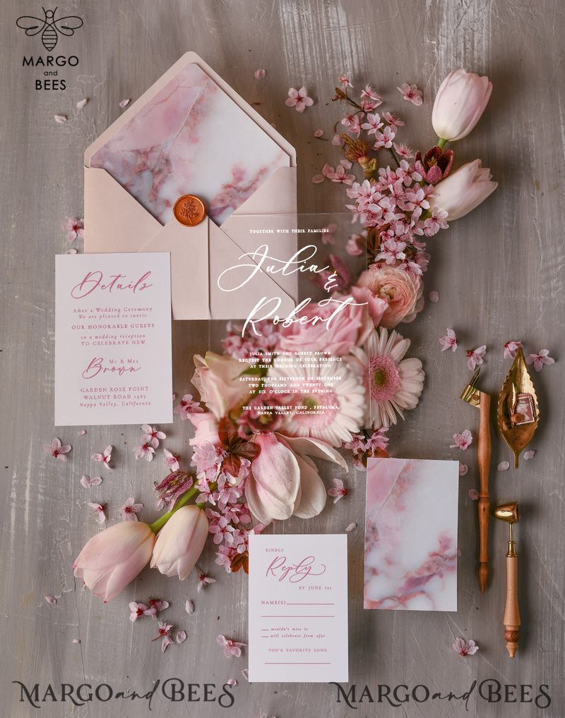Elegant Marble Wedding Invitations, Romantic Blush Pink Wedding Invites, Bespoke Acrylic Plexi Wedding Cards, Luxury Wedding Invitation Suite-3