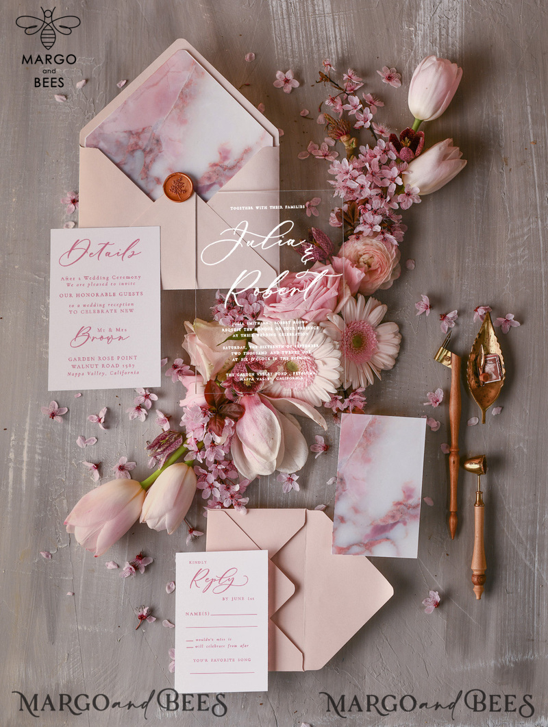 Elegant Marble Wedding Invitations, Romantic Blush Pink Wedding Invites, Bespoke Acrylic Plexi Wedding Cards, Luxury Wedding Invitation Suite-0