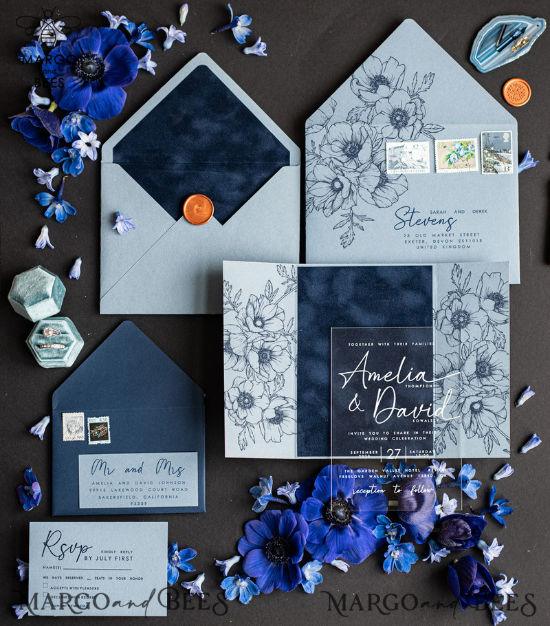Velvet navy blue Modern Wedding invitations, Acrylic frozen blue Wedding Invites, Dusty Blue Plexi wedding invitation Set, Luxury pastel blue Wedding Cards-3