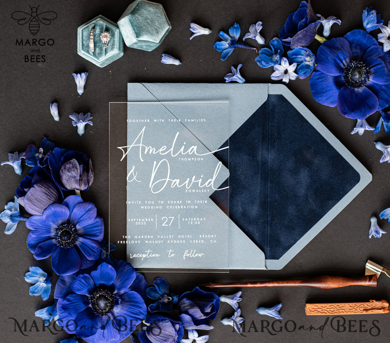 Velvet navy blue Modern Wedding invitations, Acrylic frozen blue Wedding Invites, Dusty Blue Plexi wedding invitation Set, Luxury pastel blue Wedding Cards-2