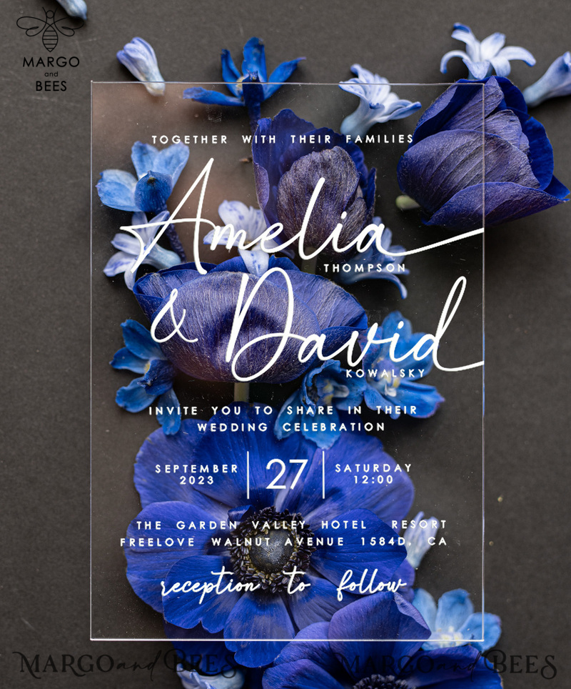 Velvet navy blue Modern Wedding invitations, Acrylic frozen blue Wedding Invites, Dusty Blue Plexi wedding invitation Set, Luxury pastel blue Wedding Cards-5
