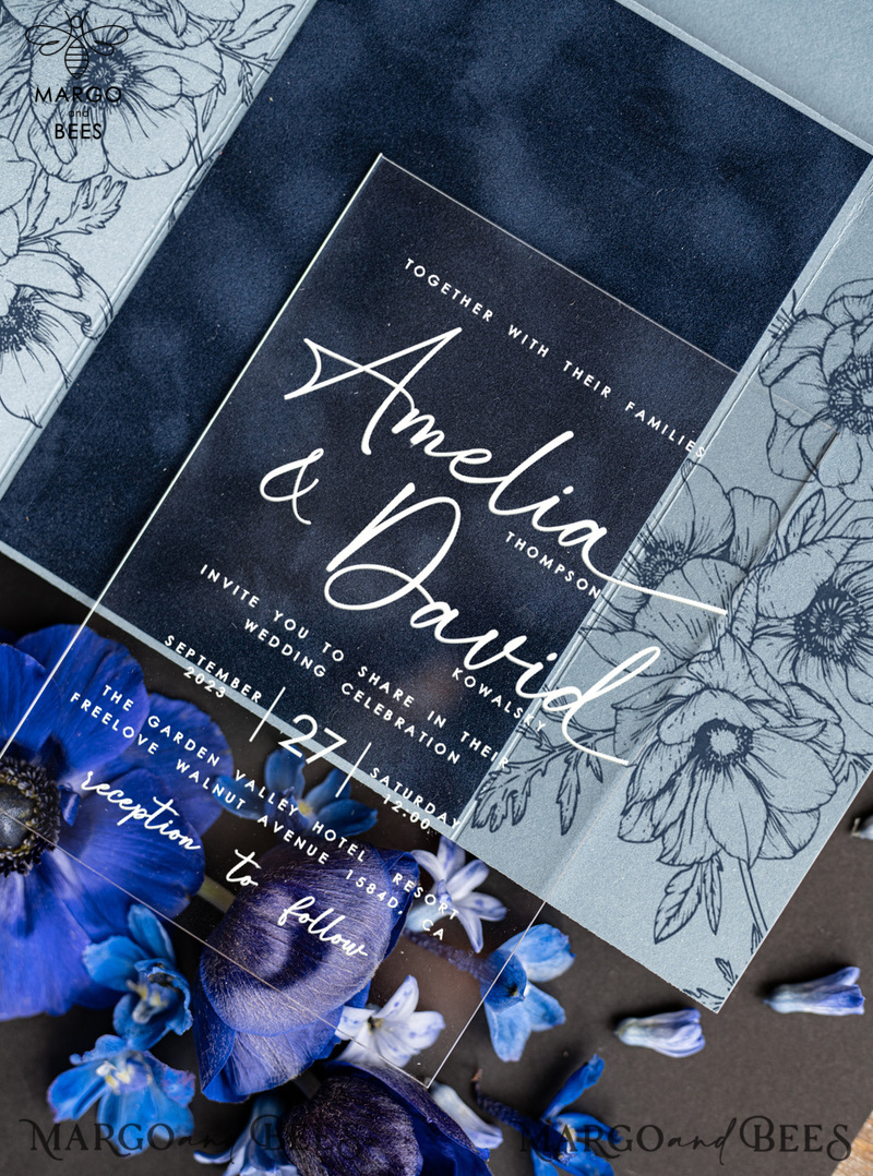 Velvet navy blue Modern Wedding invitations, Acrylic frozen blue Wedding Invites, Dusty Blue Plexi wedding invitation Set, Luxury pastel blue Wedding Cards-6