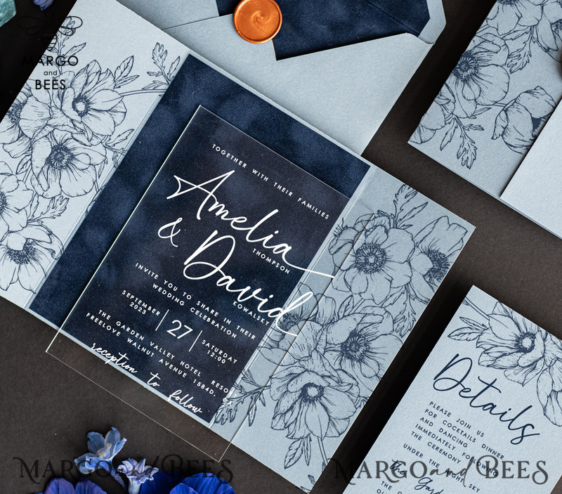 Velvet navy blue Modern Wedding invitations, Acrylic frozen blue Wedding Invites, Dusty Blue Plexi wedding invitation Set, Luxury pastel blue Wedding Cards-1