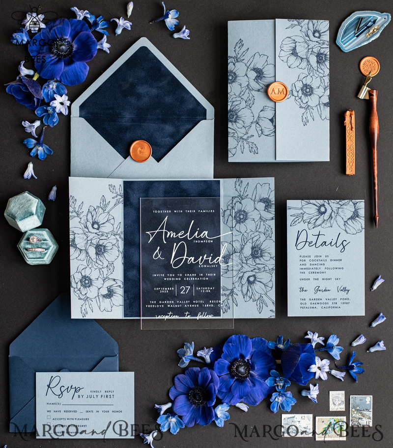 Velvet navy blue Modern Wedding invitations, Acrylic frozen blue Wedding Invites, Dusty Blue Plexi wedding invitation Set, Luxury pastel blue Wedding Cards-0