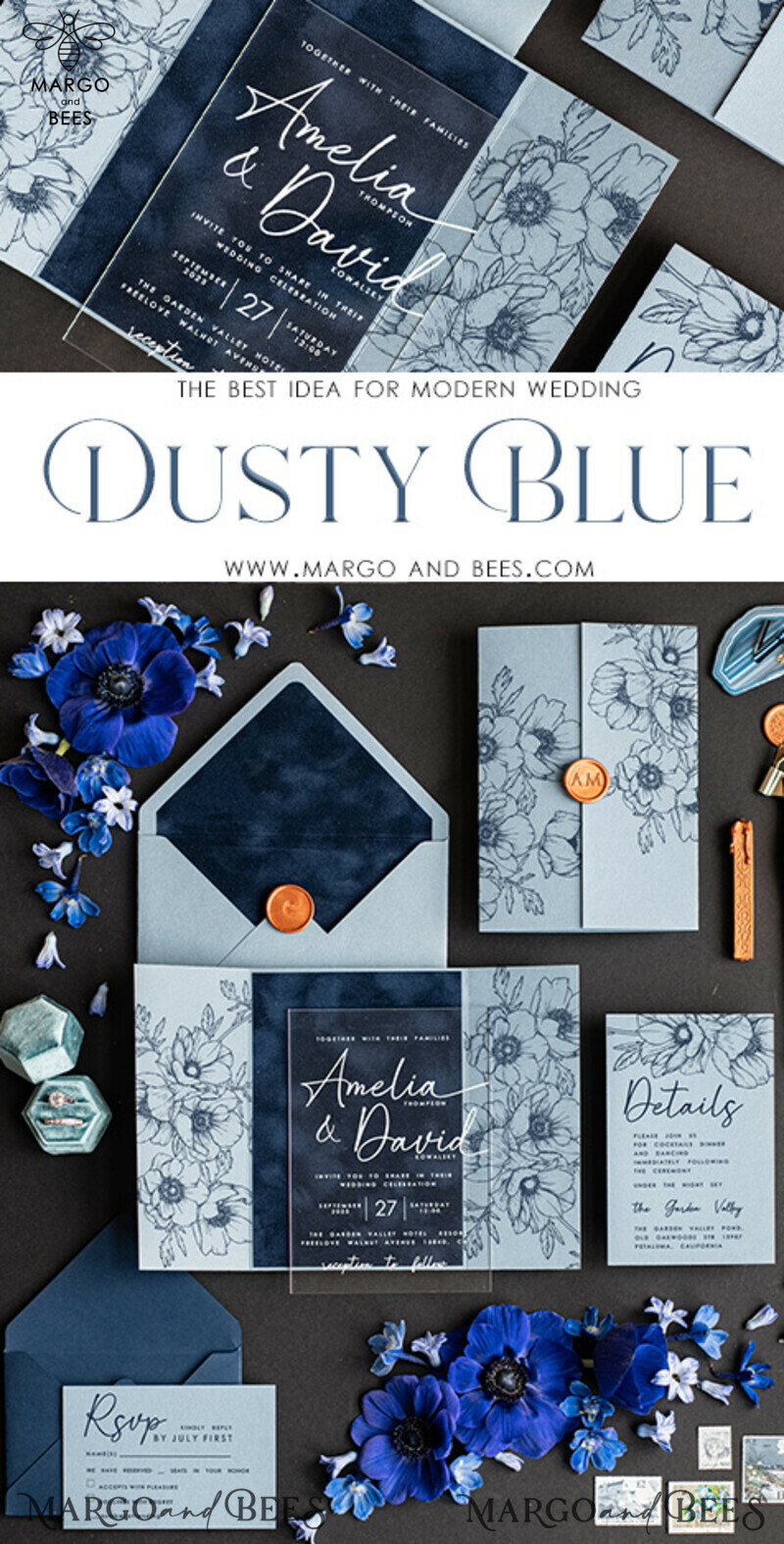 Elegant Velvet Navy Blue Wedding Invitations with Acrylic Frozen Blue Details and Luxury Pastel Blue Wedding Cards-3