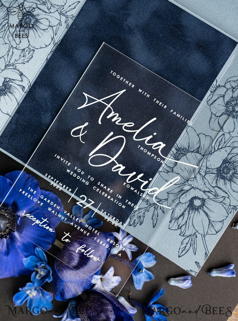 Elegant Velvet Navy Blue Wedding Invitations with Acrylic Frozen Blue Details and Luxury Pastel Blue Wedding Cards-7