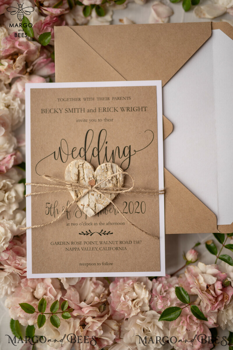 Affordable and Handmade Vintage Wooden Wedding Invitations: Elegant Birch Heart Wedding Cards on Bespoke Eco Paper-14