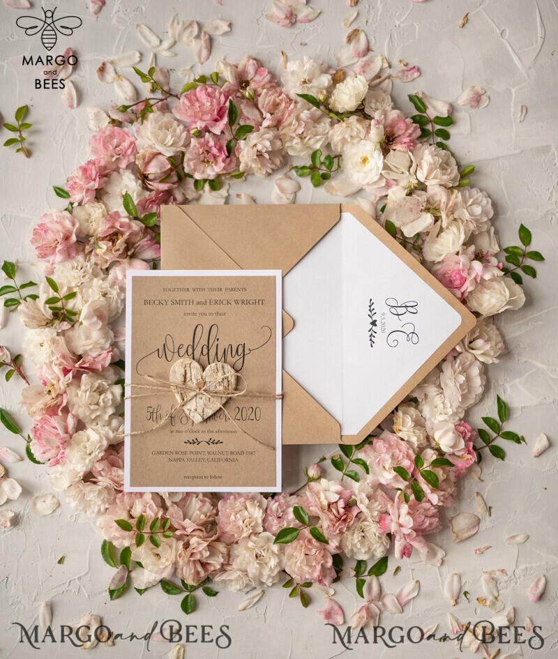 Affordable and Handmade Wedding Stationery: Vintage Wooden Wedding Invitations with Elegant Birch Heart Wedding Cards, crafted from Bespoke Eco Paper-15