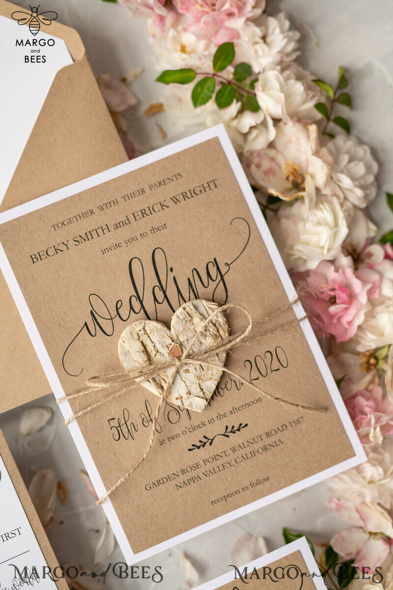 Affordable and Handmade Wedding Stationery: Vintage Wooden Wedding Invitations with Elegant Birch Heart Wedding Cards, crafted from Bespoke Eco Paper-3