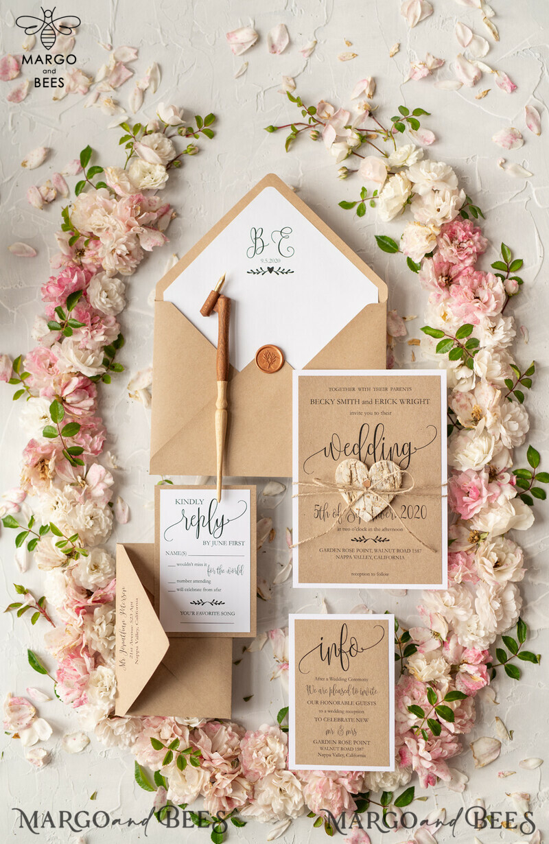 Affordable and Handmade Wedding Stationery: Vintage Wooden Wedding Invitations with Elegant Birch Heart Wedding Cards, crafted from Bespoke Eco Paper-4