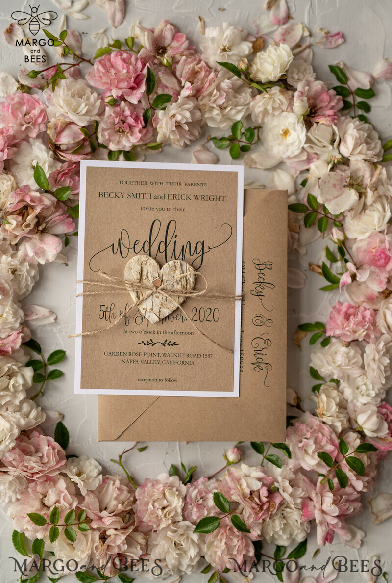  Vintage Wooden Wedding Invitations, Elegant Birch Heart Wedding Cards, Bespoke Eco Paper Wedding Invites, Affordable And Handmade Wedding Stationery-9