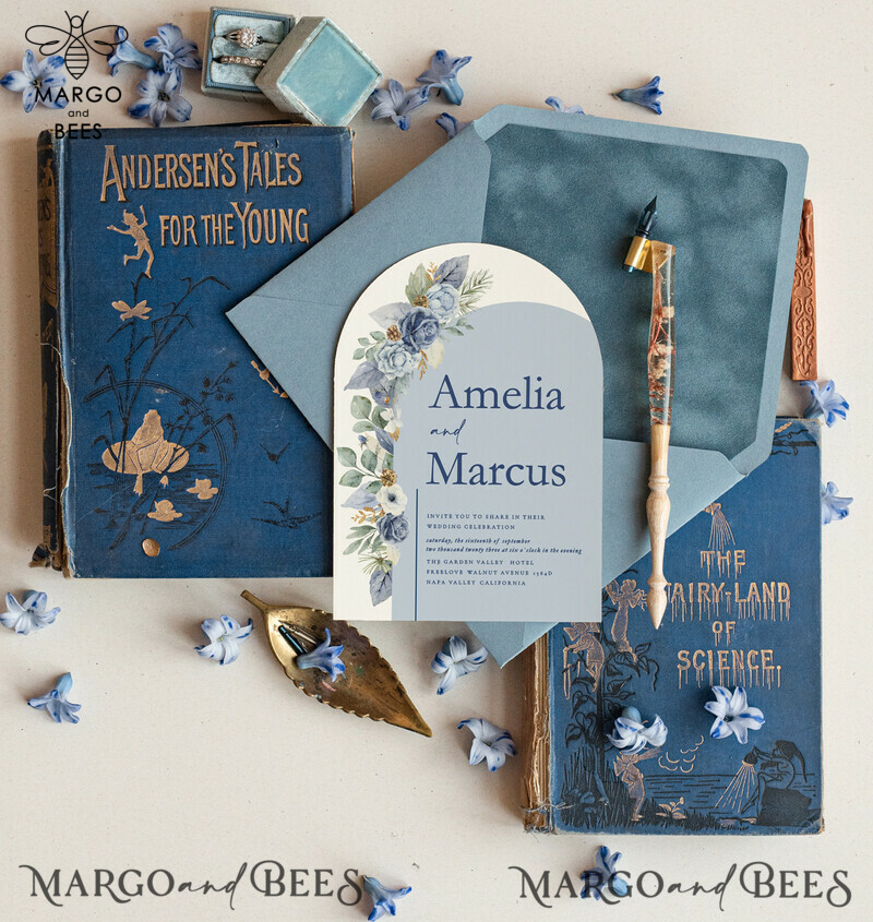 Elegantly Luxurious Dusty Blue Velvet Wedding Invitation Suite-1