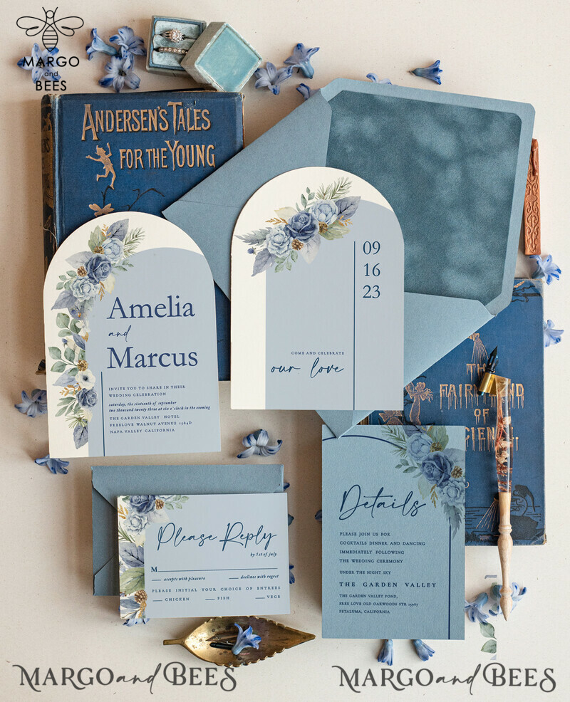 Elegantly Luxurious Dusty Blue Velvet Wedding Invitation Suite-2