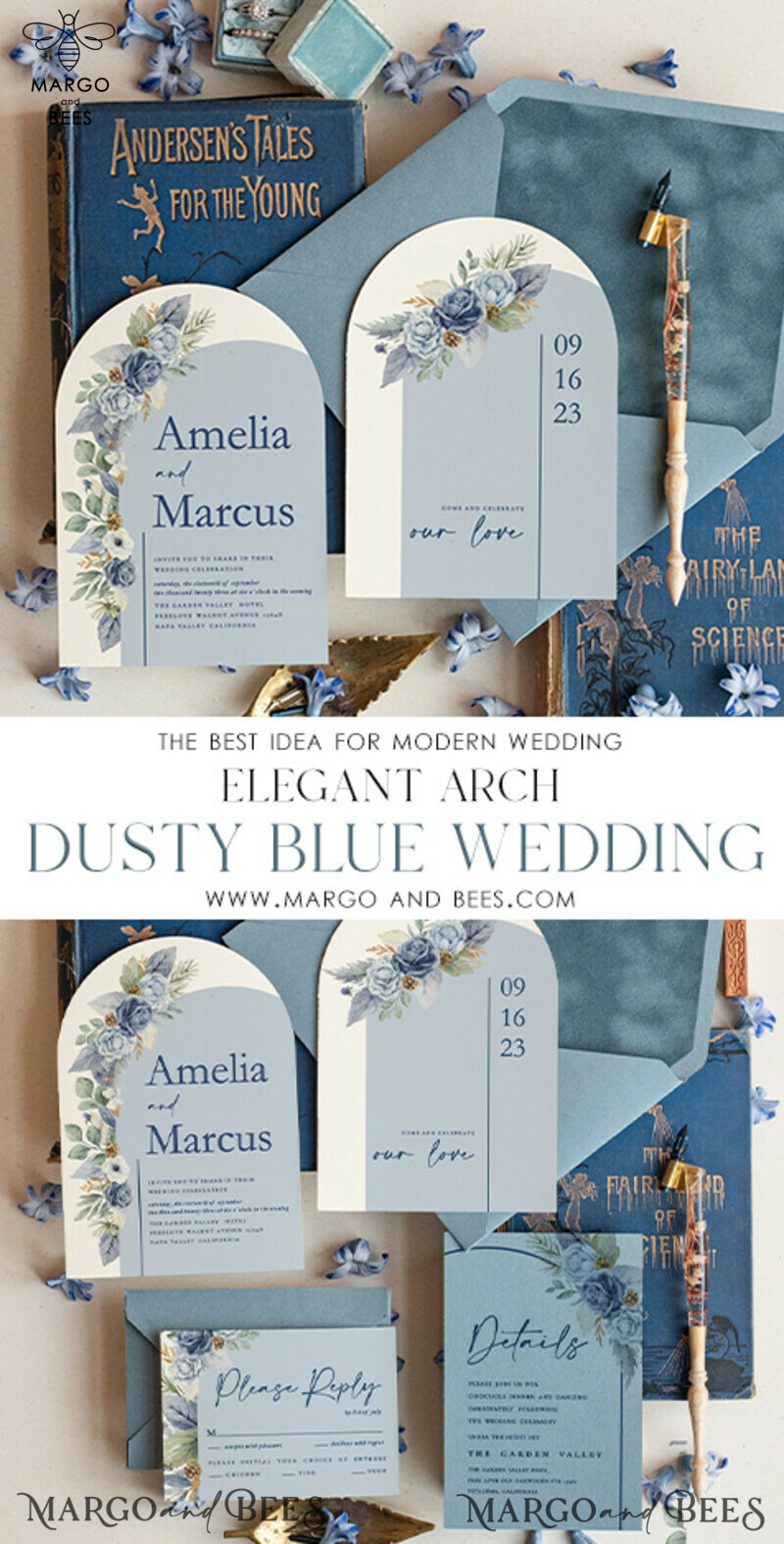 Elegantly Luxurious Dusty Blue Velvet Wedding Invitation Suite-3