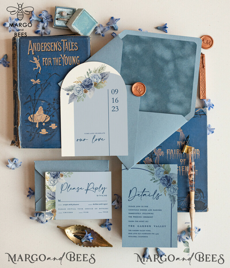 Elegantly Luxurious Dusty Blue Velvet Wedding Invitation Suite-4