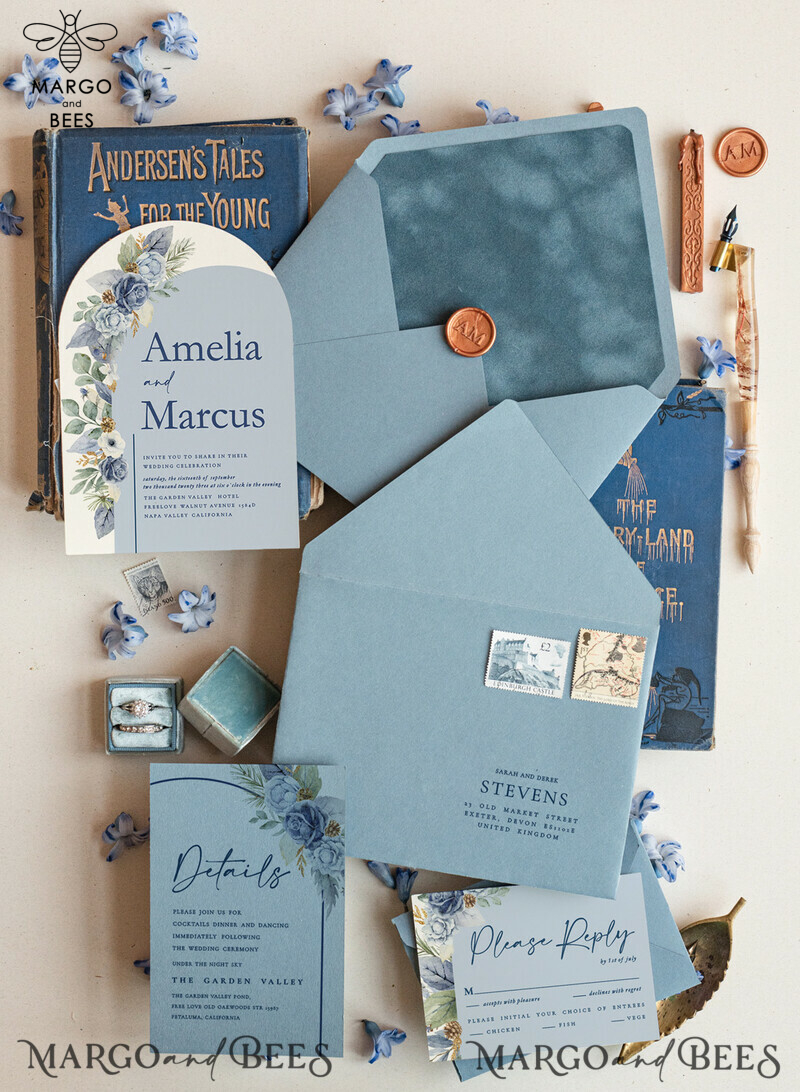 Elegantly Luxurious Dusty Blue Velvet Wedding Invitation Suite-5