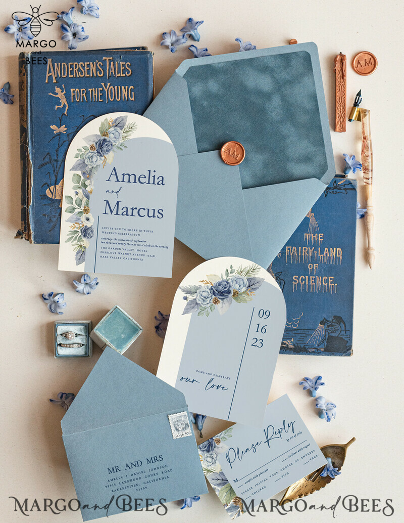 Elegantly Luxurious Dusty Blue Velvet Wedding Invitation Suite-6