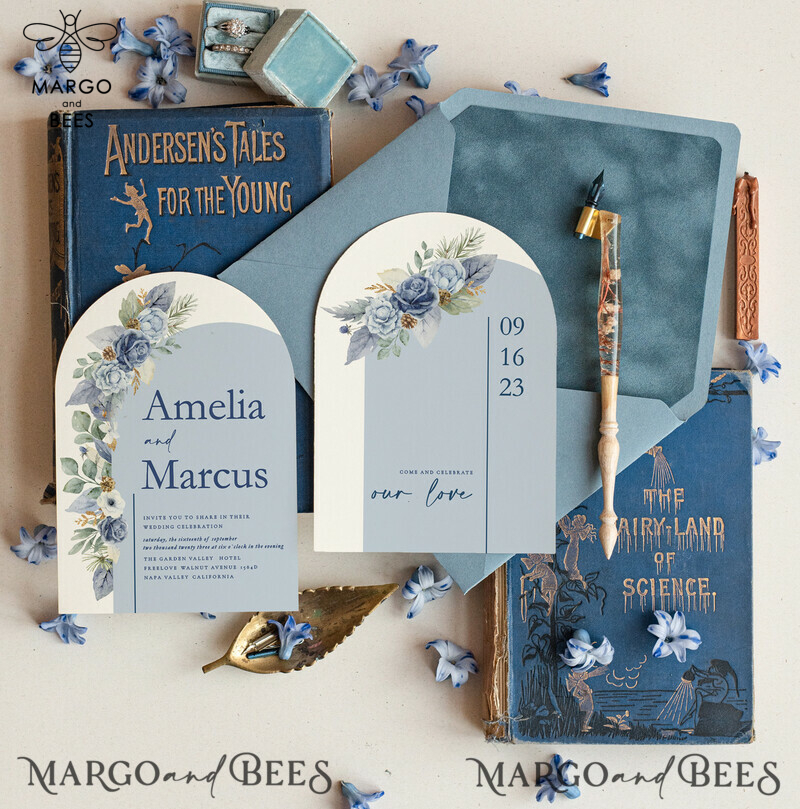 Elegantly Luxurious Dusty Blue Velvet Wedding Invitation Suite-0