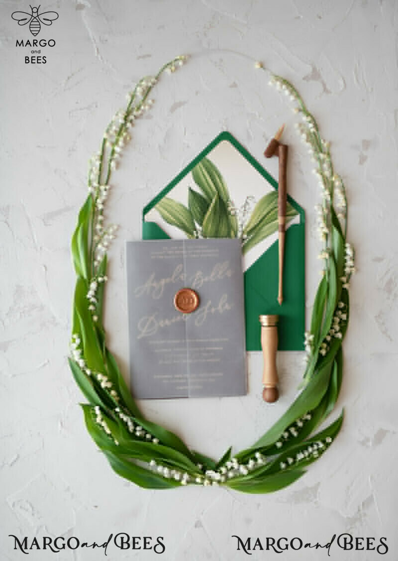Real Wood Wedding Invitations Spring Lilly of the Valley Stationery withGolden Letters  Vellum Wraping Wax Seal Green  Envelope-1
