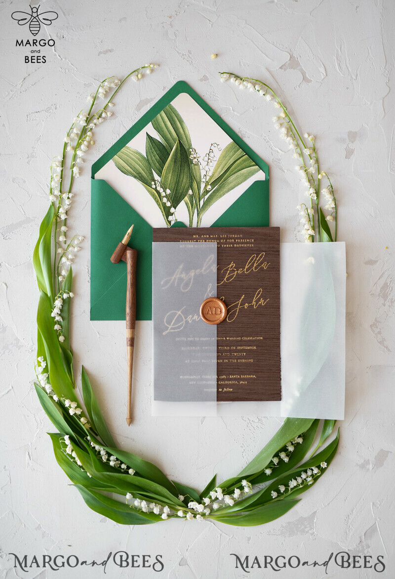 Real Wood Wedding Invitations Spring Lilly of the Valley Stationery withGolden Letters  Vellum Wraping Wax Seal Green  Envelope-8