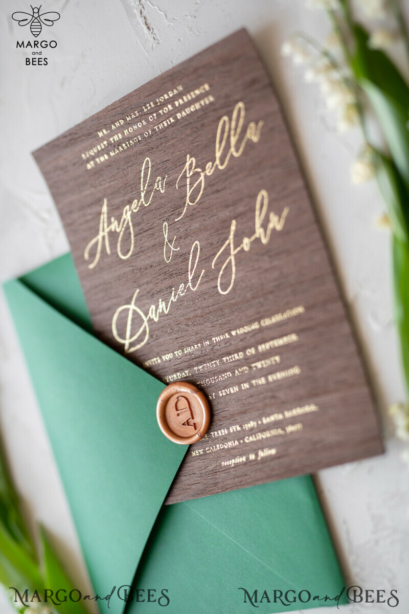 Real Wood Wedding Invitations Spring Lilly of the Valley Stationery withGolden Letters  Vellum Wraping Wax Seal Green  Envelope-9