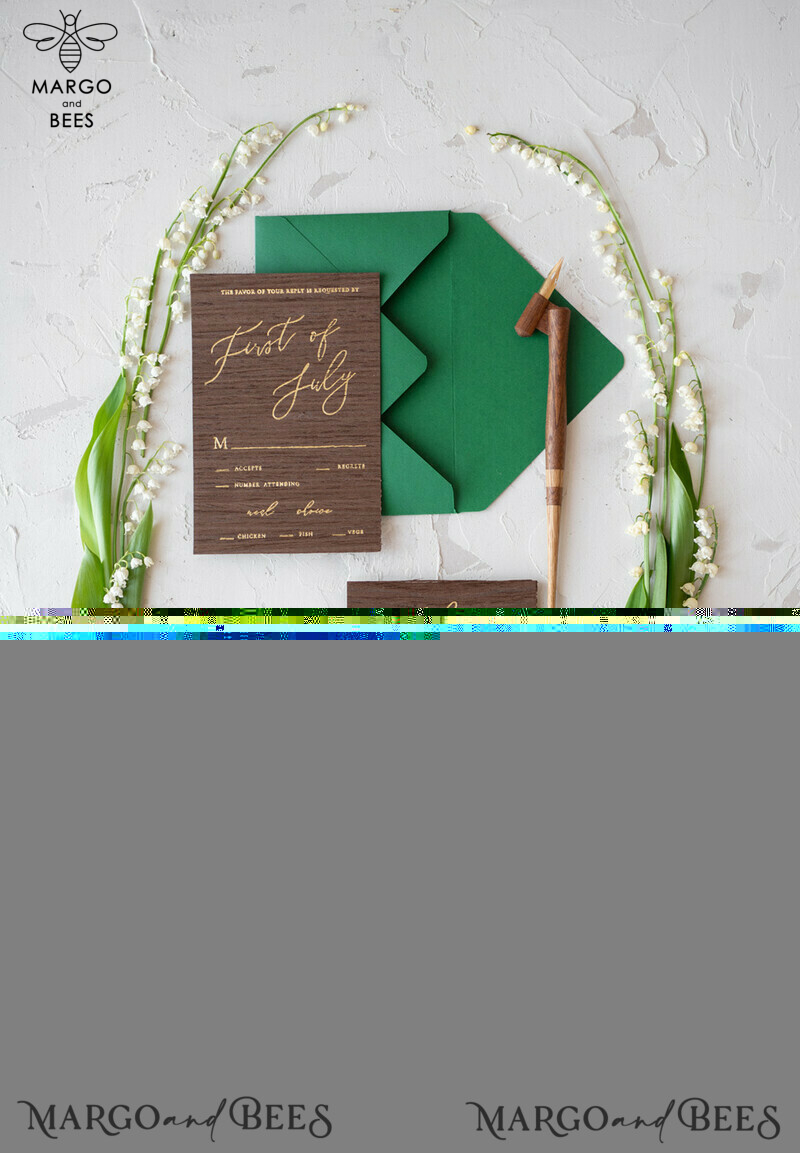 Real Wood Wedding Invitations Spring Lilly of the Valley Stationery withGolden Letters  Vellum Wraping Wax Seal Green  Envelope-12
