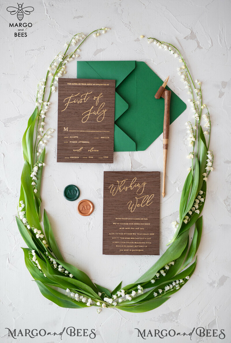 Real Wood Wedding Invitations Spring Lilly of the Valley Stationery withGolden Letters  Vellum Wraping Wax Seal Green  Envelope-13