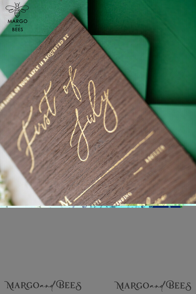 Real Wood Wedding Invitations Spring Lilly of the Valley Stationery withGolden Letters  Vellum Wraping Wax Seal Green  Envelope-14