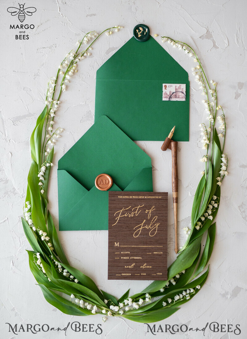 Real Wood Wedding Invitations Spring Lilly of the Valley Stationery withGolden Letters  Vellum Wraping Wax Seal Green  Envelope-15