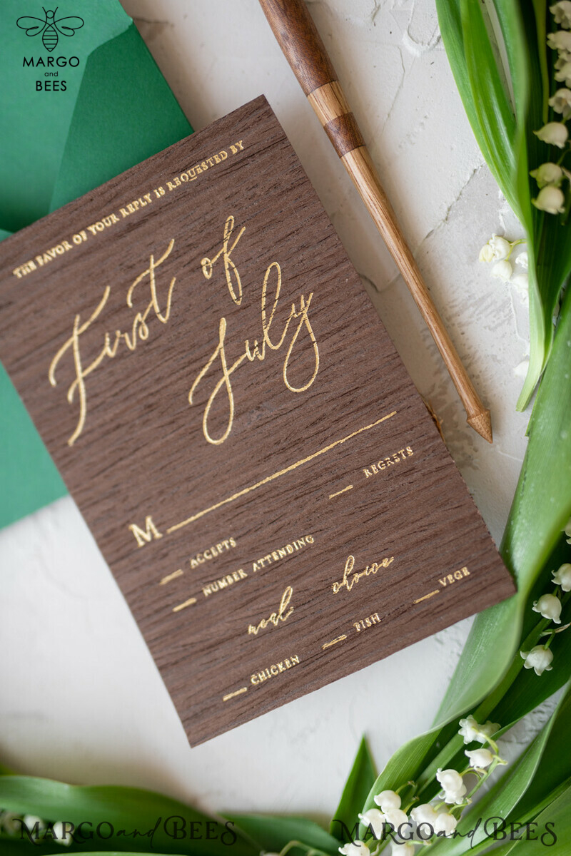Real Wood Wedding Invitations Spring Lilly of the Valley Stationery withGolden Letters  Vellum Wraping Wax Seal Green  Envelope-16