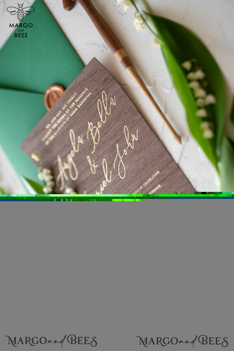 Real Wood Wedding Invitations Spring Lilly of the Valley Stationery withGolden Letters  Vellum Wraping Wax Seal Green  Envelope-17