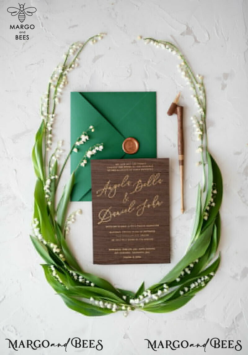 Real Wood Wedding Invitations Spring Lilly of the Valley Stationery withGolden Letters  Vellum Wraping Wax Seal Green  Envelope-18