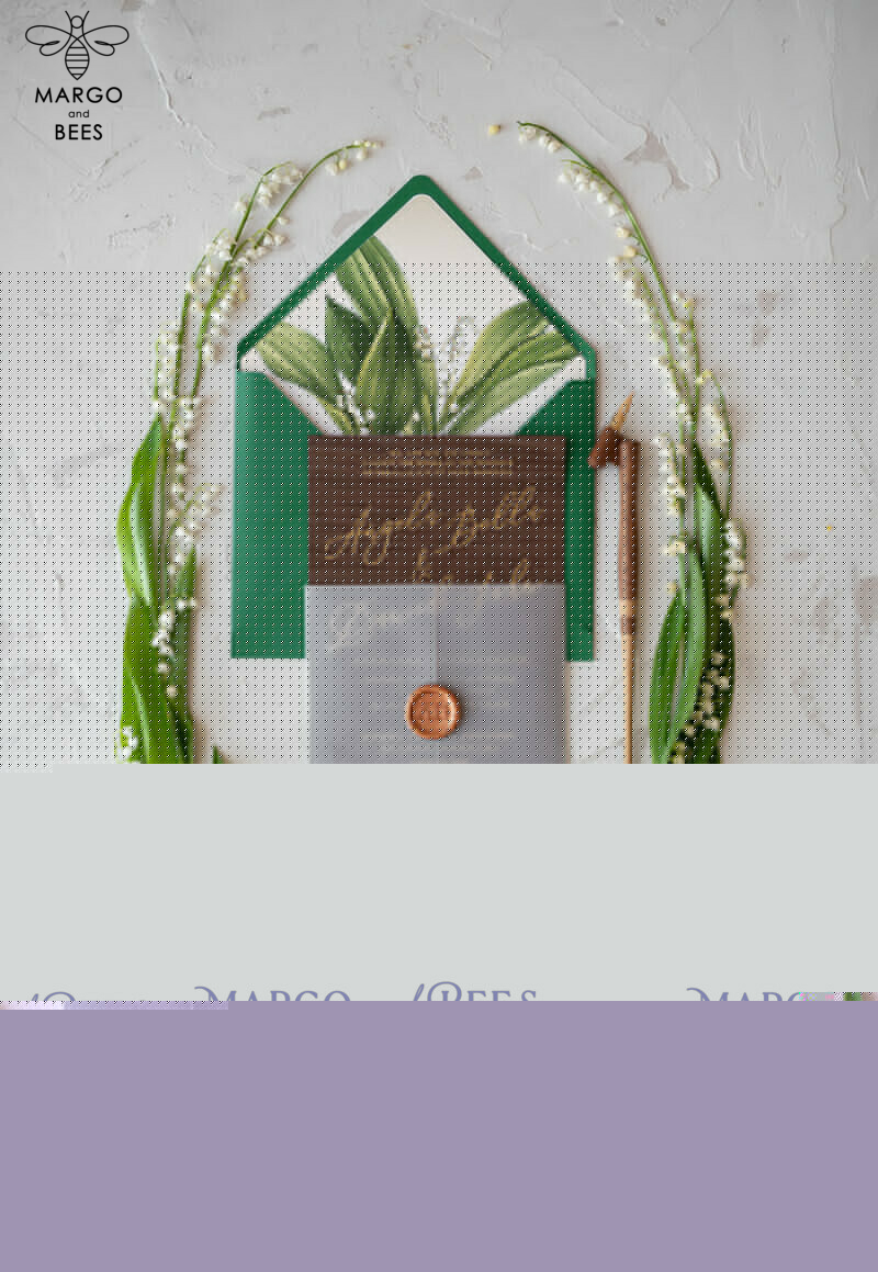 Real Wood Wedding Invitations Spring Lilly of the Valley Stationery withGolden Letters  Vellum Wraping Wax Seal Green  Envelope-2