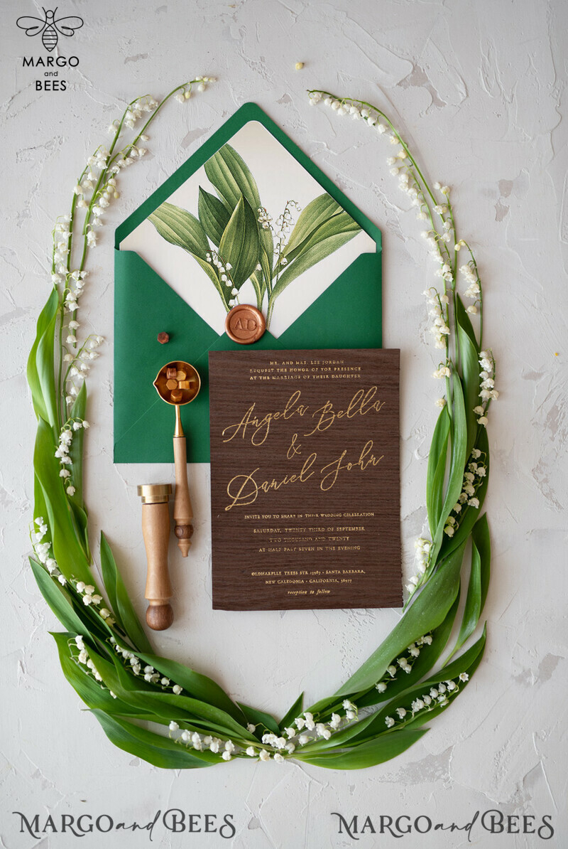 Real Wood Wedding Invitations Spring Lilly of the Valley Stationery withGolden Letters  Vellum Wraping Wax Seal Green  Envelope-5