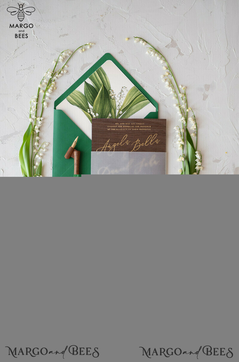 Real Wood Wedding Invitations Spring Lilly of the Valley Stationery withGolden Letters  Vellum Wraping Wax Seal Green  Envelope-6