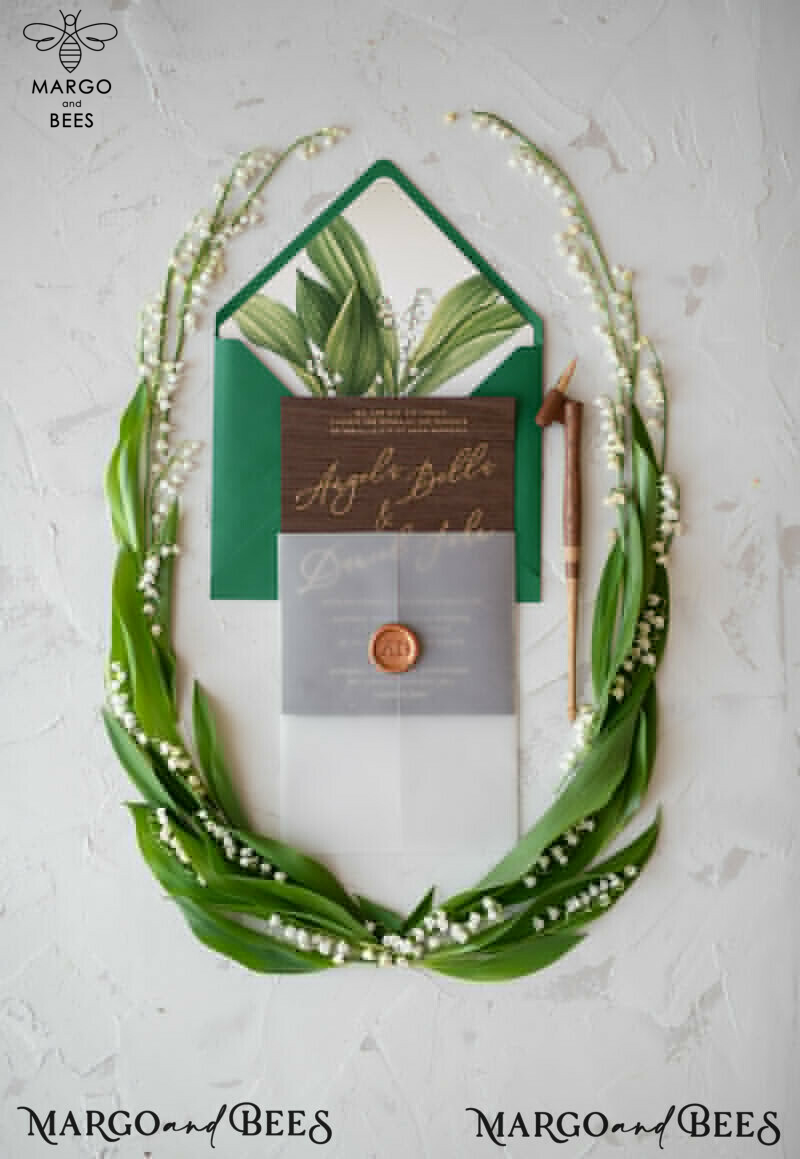 Real Wood Wedding Invitations Spring Lilly of the Valley Stationery withGolden Letters  Vellum Wraping Wax Seal Green  Envelope-7