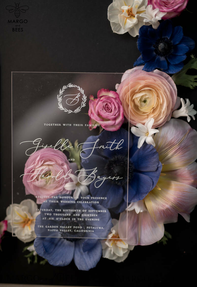 Luxury Acrylic Plexi Wedding Invitations, Romantic Blush Pink Wedding Invites With Vellum Cover, Elegant Royal Navy Wedding Cards, Bespoke Floral Wedding Invitation Suite-2