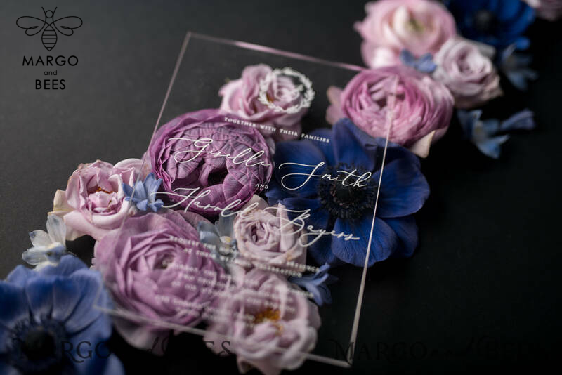 Luxury Acrylic Plexi Wedding Invitations, Romantic Blush Pink Wedding Invites With Vellum Cover, Elegant Royal Navy Wedding Cards, Bespoke Floral Wedding Invitation Suite-14
