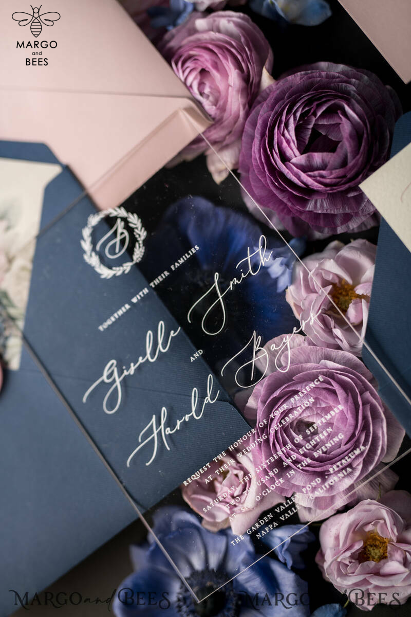 Luxury Acrylic Plexi Wedding Invitations, Romantic Blush Pink Wedding Invites With Vellum Cover, Elegant Royal Navy Wedding Cards, Bespoke Floral Wedding Invitation Suite-15