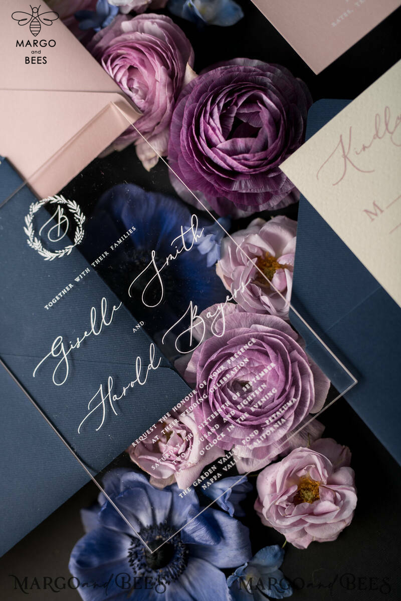 Luxury Acrylic Plexi Wedding Invitations, Romantic Blush Pink Wedding Invites With Vellum Cover, Elegant Royal Navy Wedding Cards, Bespoke Floral Wedding Invitation Suite-16